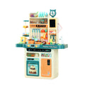 Toy kitchen set with various utensils and appliances on a white background