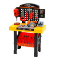 Toy tool bench set with various tools on a white background