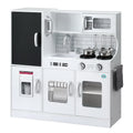 Children's play kitchen set with white cabinets, black refrigerator, and metallic appliances on a white background.