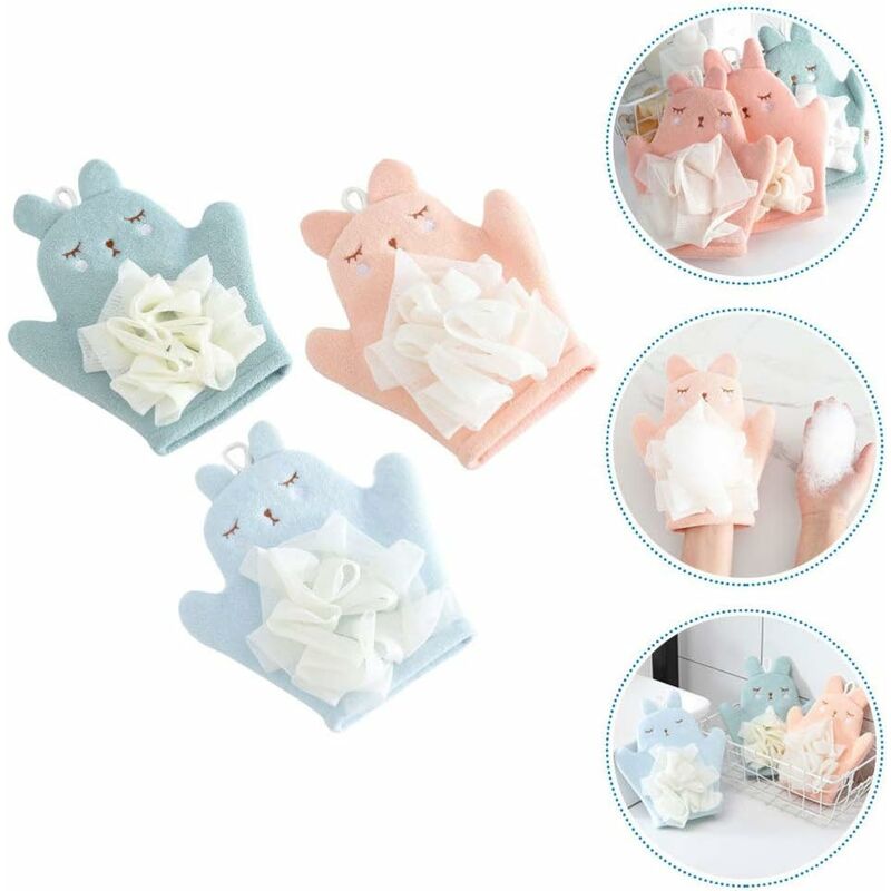 Baby Bath Sponge Gloves 3 Pack – Soft Cartoon Animal Washcloth Mitts