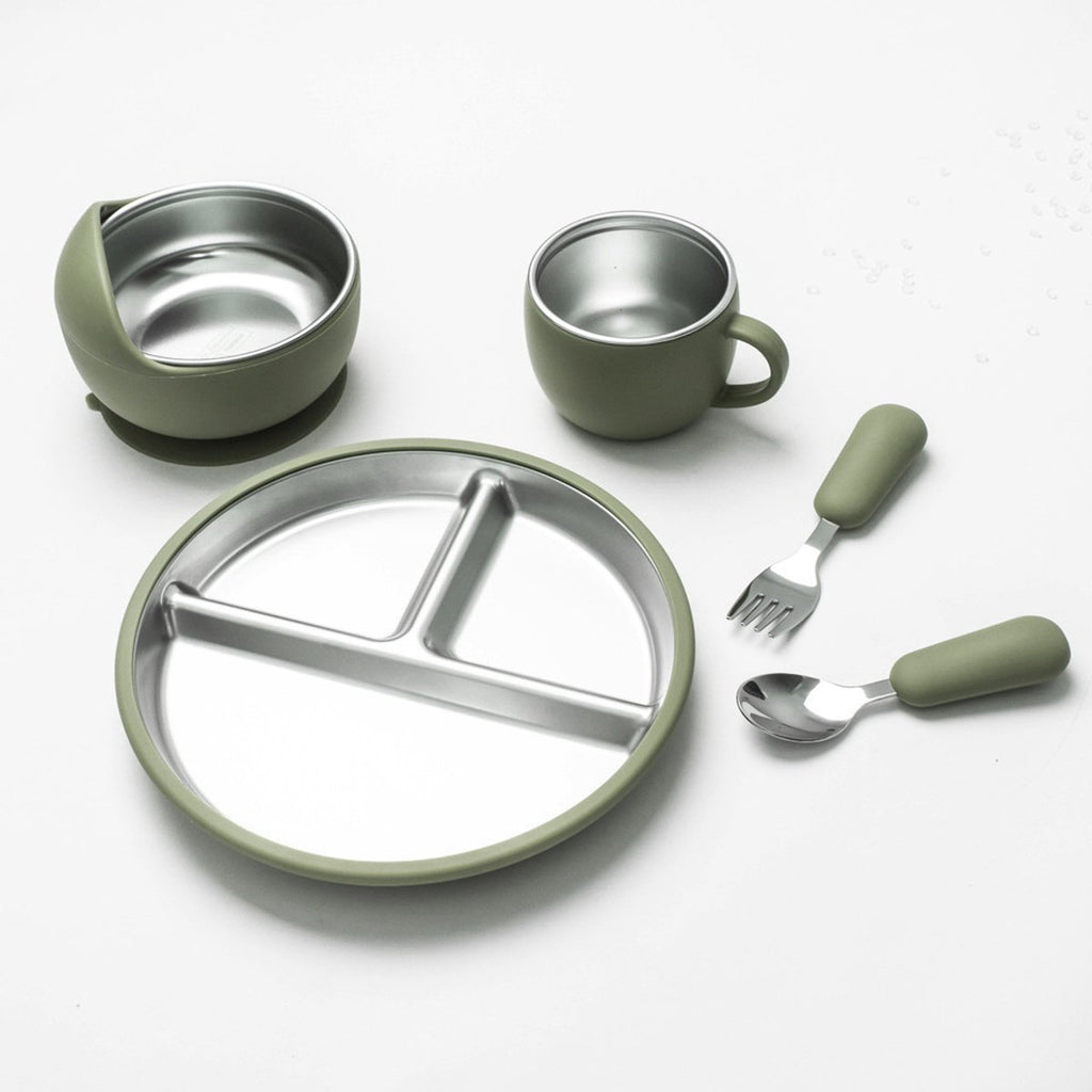 5-Piece Baby Feeding Set – Stainless Steel Plate, Bowl, Cup & Cutlery (Grass Green)