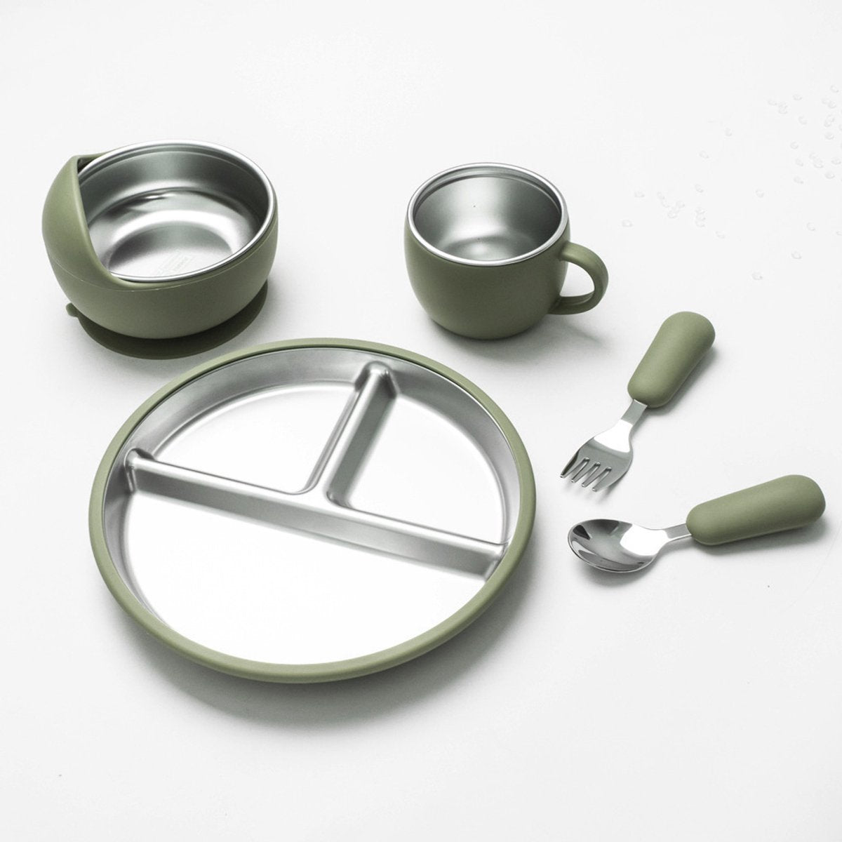 5-Piece Baby Feeding Set – Stainless Steel Plate, Bowl, Cup & Cutlery (Grass Green)
