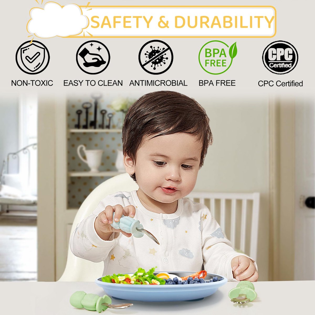 5-Piece Baby Feeding Set – Stainless Steel Plate, Bowl, Cup & Cutlery (Grass Green)