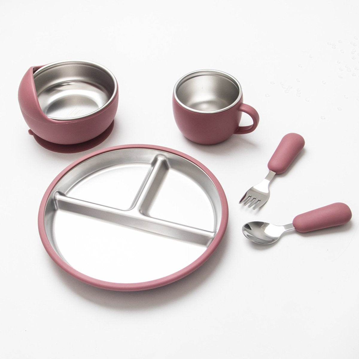 5-Piece Baby Feeding Set – Stainless Steel Plate, Bowl, Cup & Cutlery (Pink)