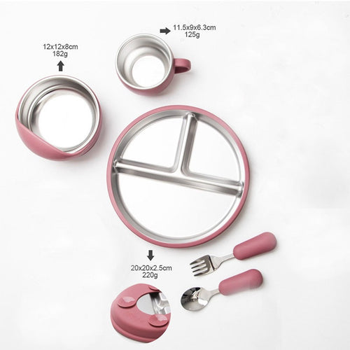 5-Piece Baby Feeding Set – Stainless Steel Plate, Bowl, Cup & Cutlery (Pink)