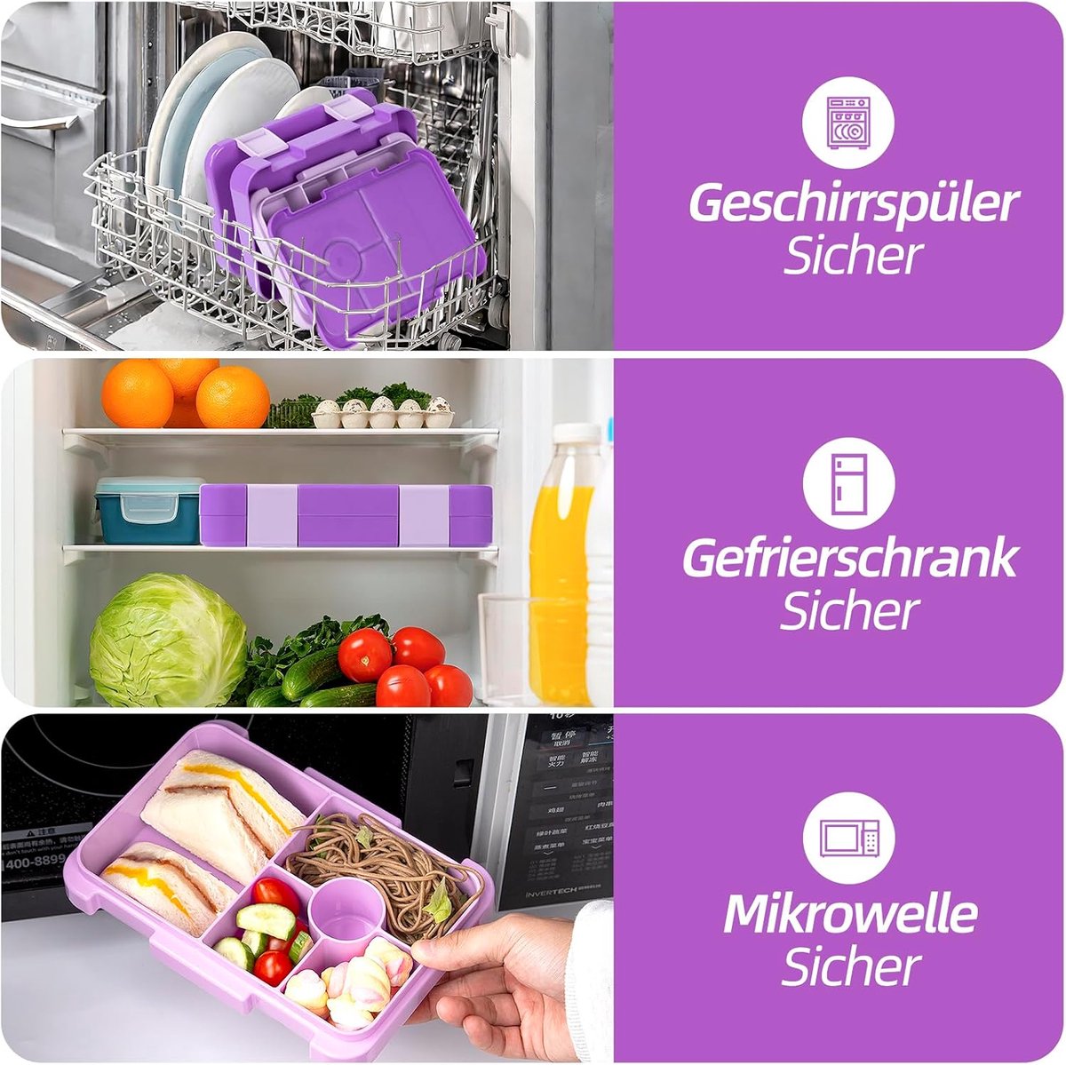 Kids 6-Compartment Bento Lunch Box – Leakproof, BPA-Free, Dishwasher Safe – Purple