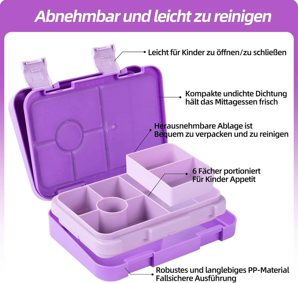 Kids 6-Compartment Bento Lunch Box – Leakproof, BPA-Free, Dishwasher Safe – Purple