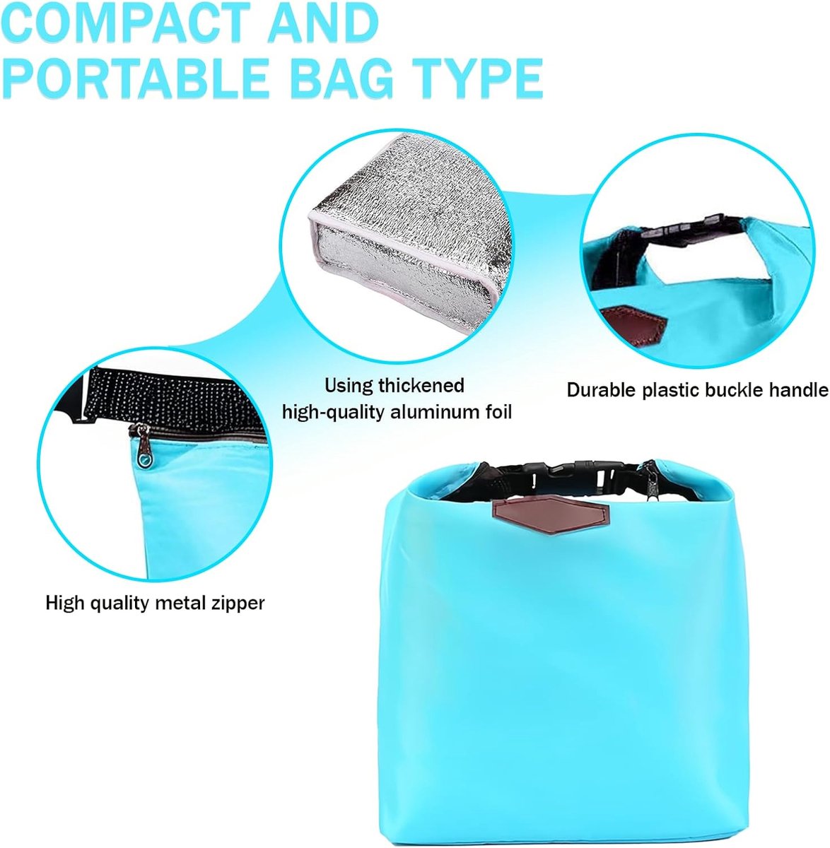 Insulated Lunch Bag – Portable Waterproof Picnic Bag with Blue Zipper