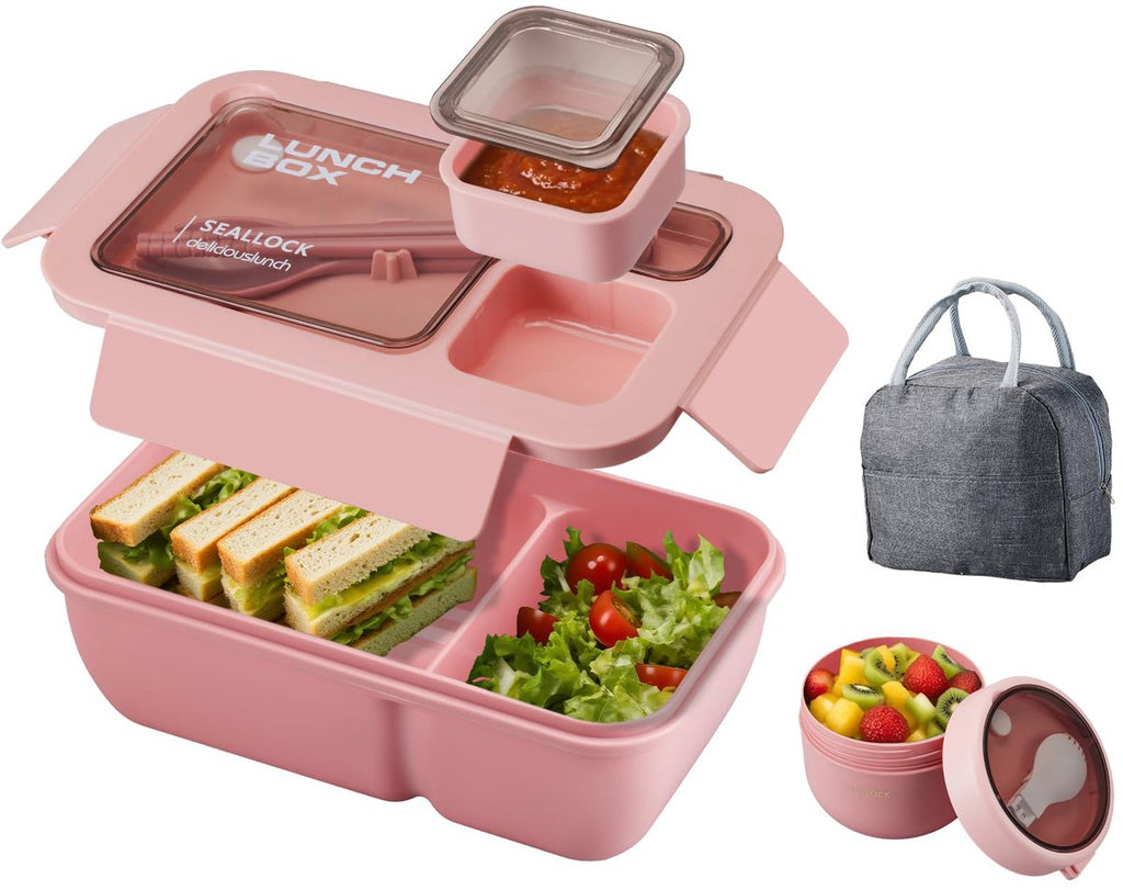 Bento Lunch Set with Bag – Leakproof Compartments & Soup Cup (Pink)