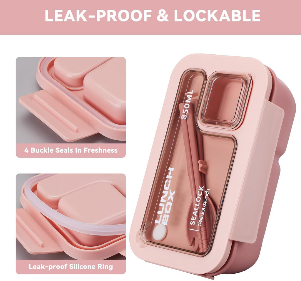 Bento Lunch Set with Bag – Leakproof Compartments & Soup Cup (Pink)