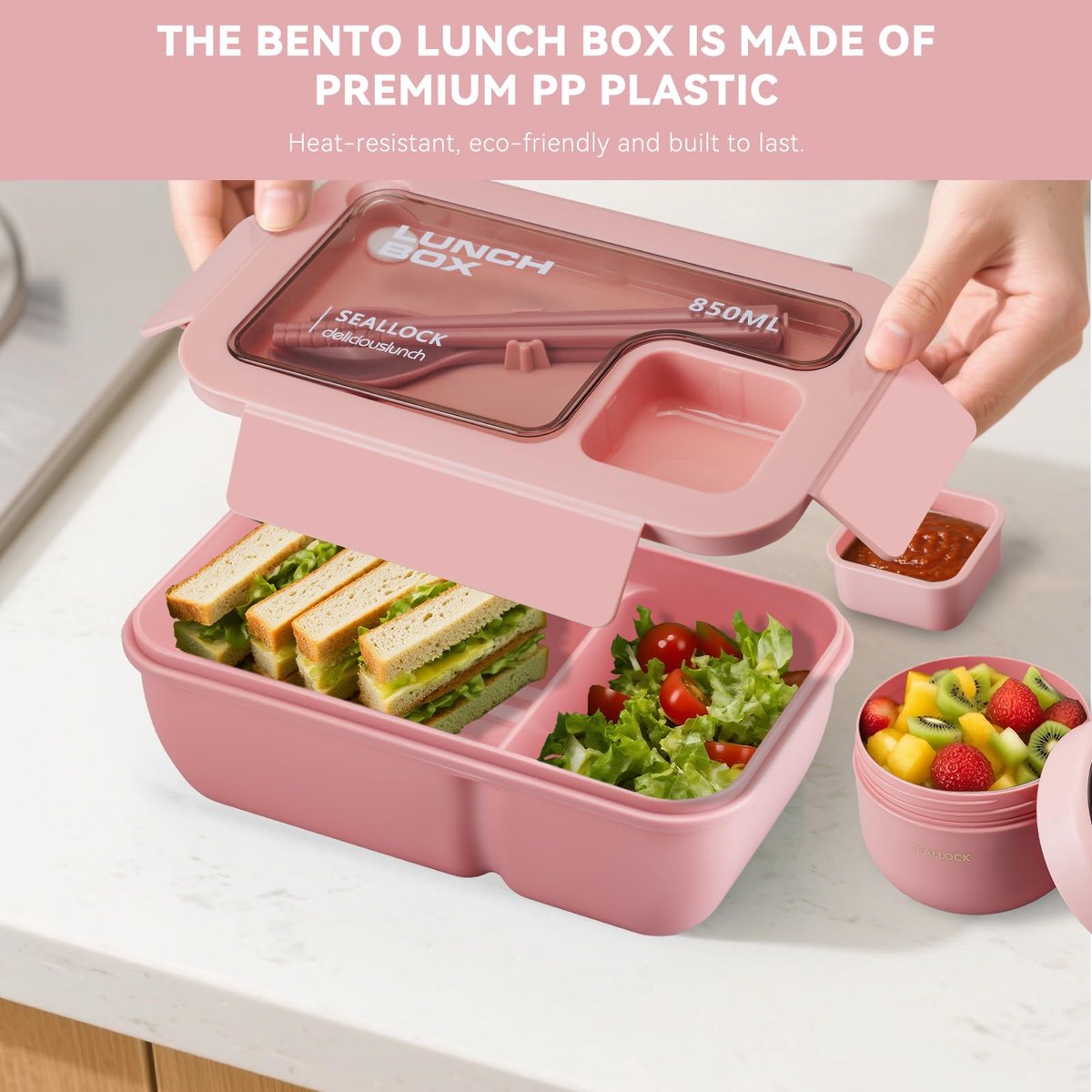 Bento Lunch Set with Bag – Leakproof Compartments & Soup Cup (Pink)