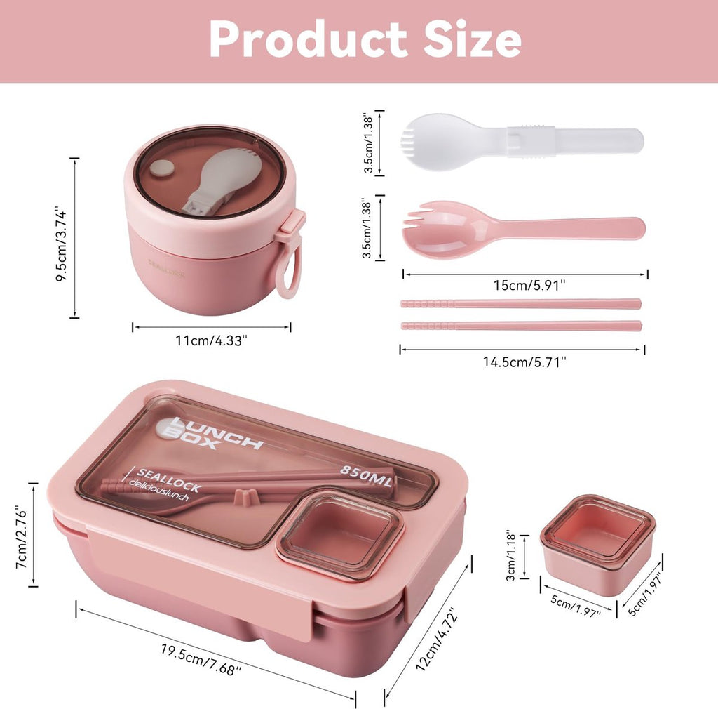 Bento Lunch Set with Bag – Leakproof Compartments & Soup Cup (Pink)