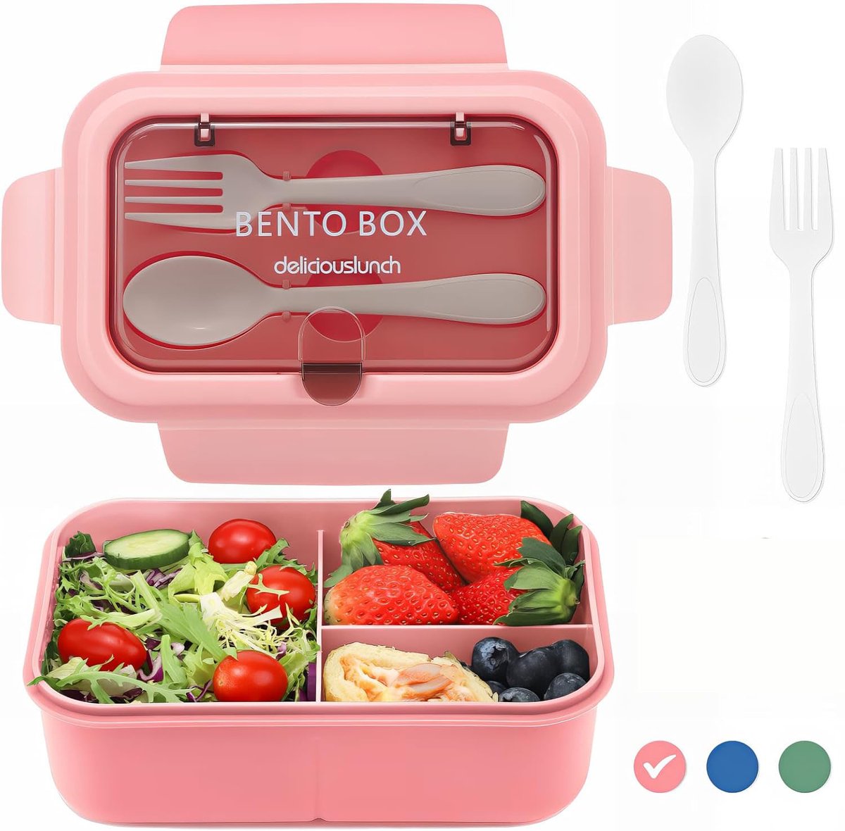 Bento Lunch Box with Cutlery – 3 Compartment Leakproof Container (Pink)