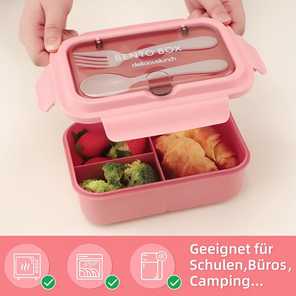 Bento Lunch Box with Cutlery – 3 Compartment Leakproof Container (Pink)