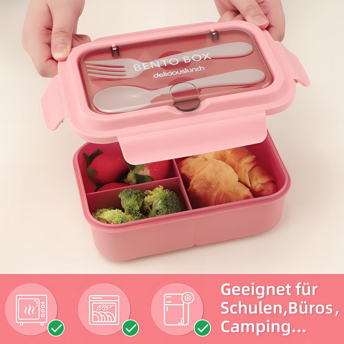 Bento Lunch Box with Cutlery – 3 Compartment Leakproof Container (Pink)