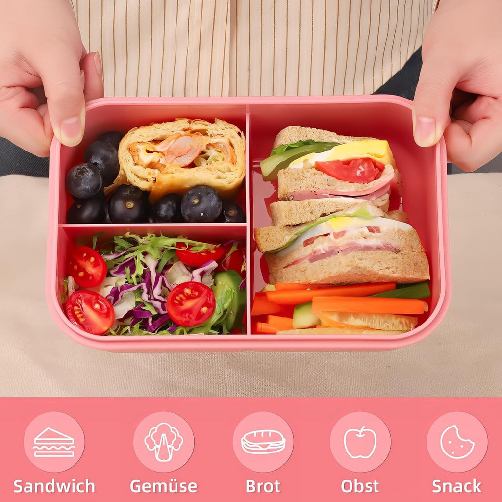 Bento Lunch Box with Cutlery – 3 Compartment Leakproof Container (Pink)