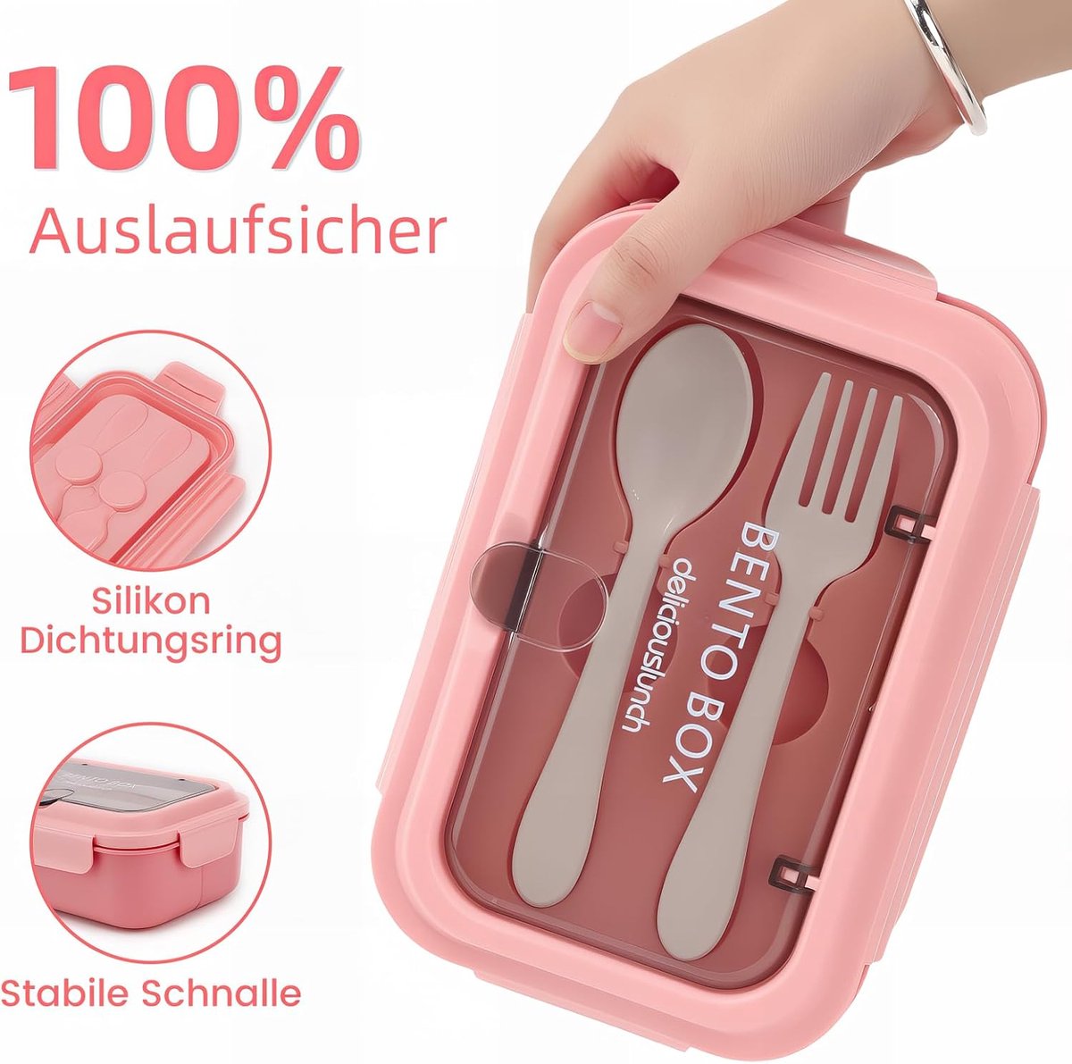 Bento Lunch Box with Cutlery – 3 Compartment Leakproof Container (Pink)