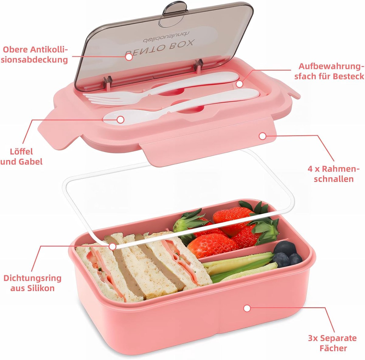 Bento Lunch Box with Cutlery – 3 Compartment Leakproof Container (Pink)