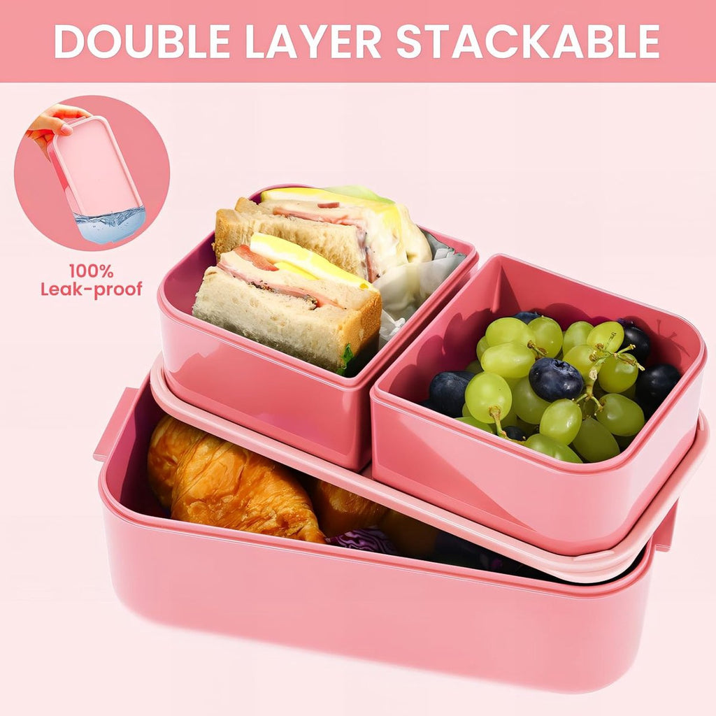 Bento Lunch Box – 2-in-1 Leakproof 3-Compartment Food Container (Pink)
