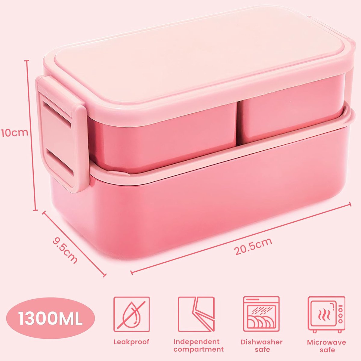 Bento Lunch Box – 2-in-1 Leakproof 3-Compartment Food Container (Pink)