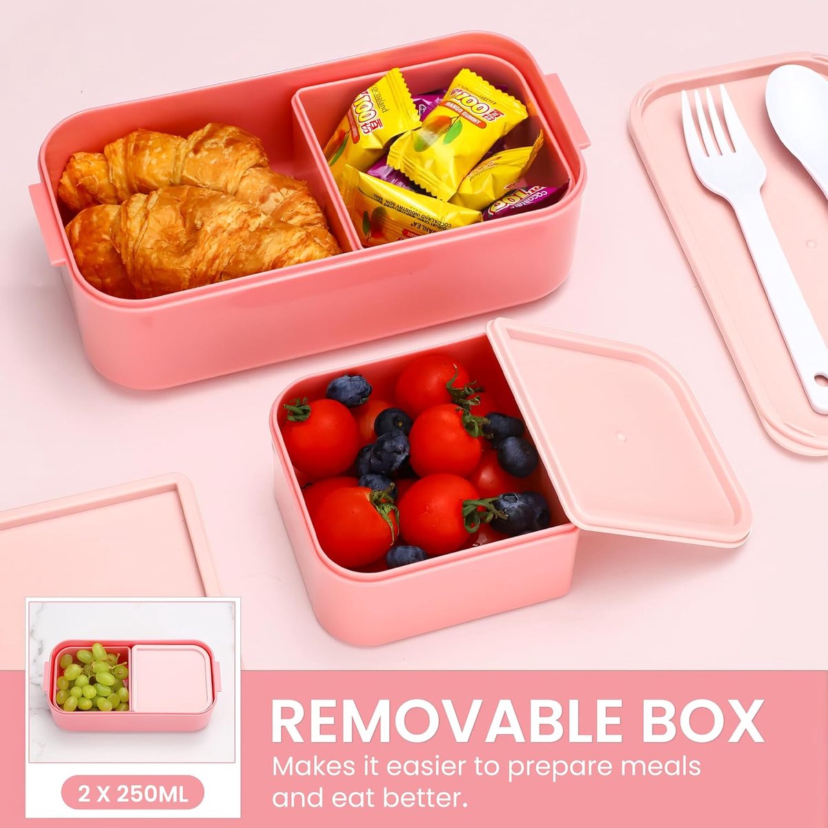 Bento Lunch Box – 2-in-1 Leakproof 3-Compartment Food Container (Pink)