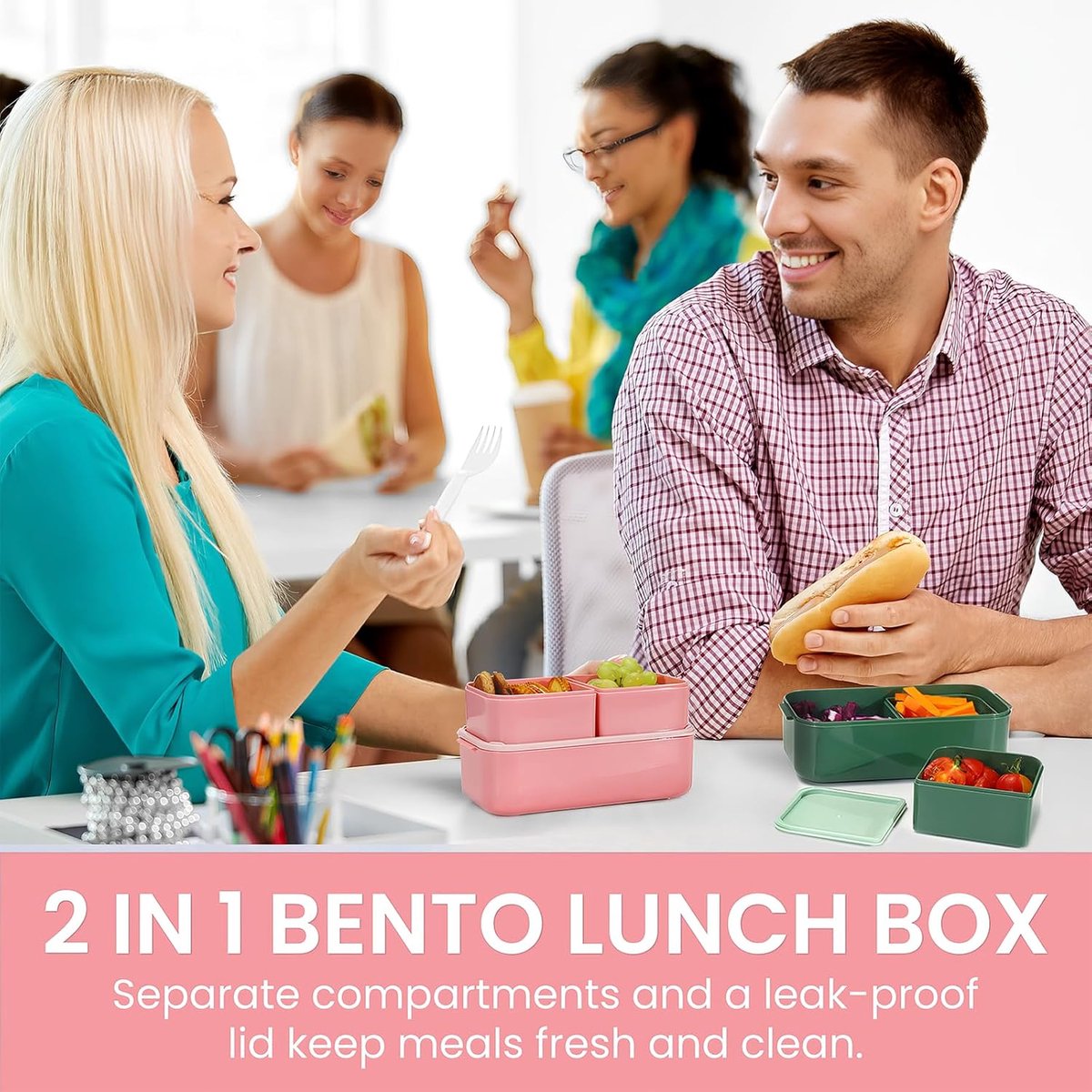 Bento Lunch Box – 2-in-1 Leakproof 3-Compartment Food Container (Pink)