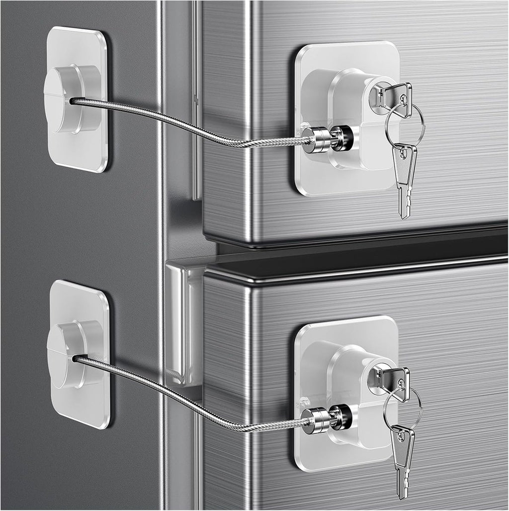 2-Pack Refrigerator Locks - with Keys - for Children, Toddlers, and Adults - Self-Adhesive Refrigerator Lock - for Refrigerator, Cabinets & Drawers, Oven, Windows - Child Safety - White
