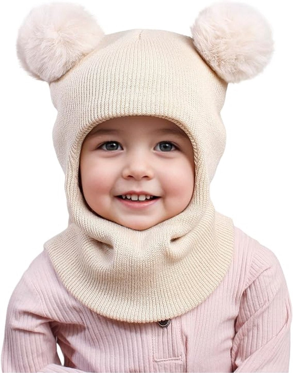 2-in-1 baby hat - Hat and Scarf Set - winter hooded scarf - windproof children's hat - cold protection - winter hat for child & baby - kids' beanie - winter knitted hats - warm and windproof knitted hats - 1-6 years old - White