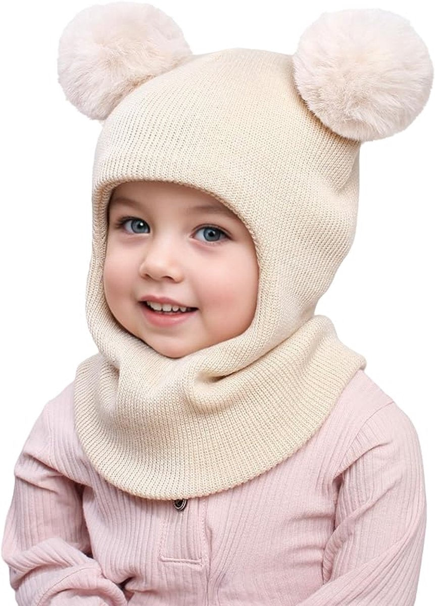 2-in-1 baby hat - Hat and Scarf Set - winter hooded scarf - windproof children's hat - cold protection - winter hat for child & baby - kids' beanie - winter knitted hats - warm and windproof knitted hats - 1-6 years old - White