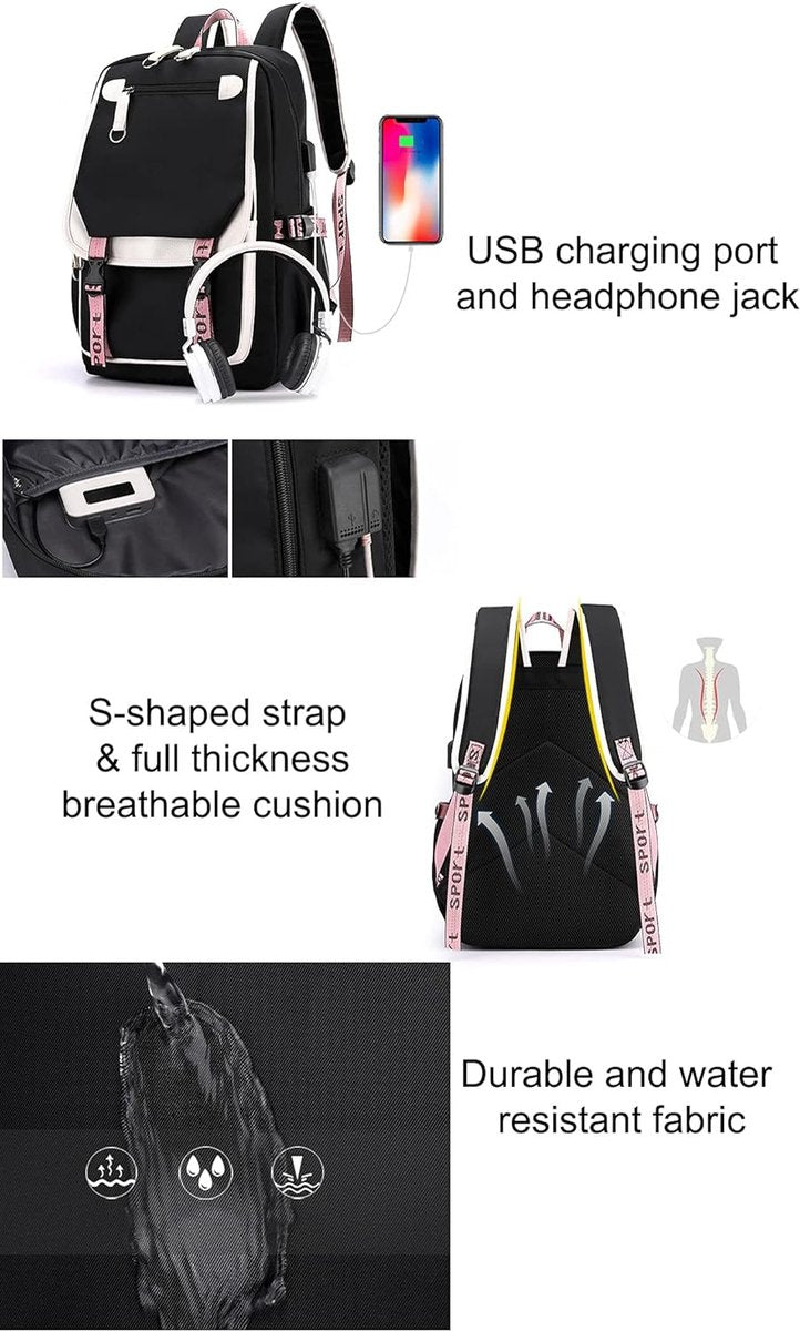 30L School Backpack with USB Charging Port – Laptop Bag with Plush Keychain