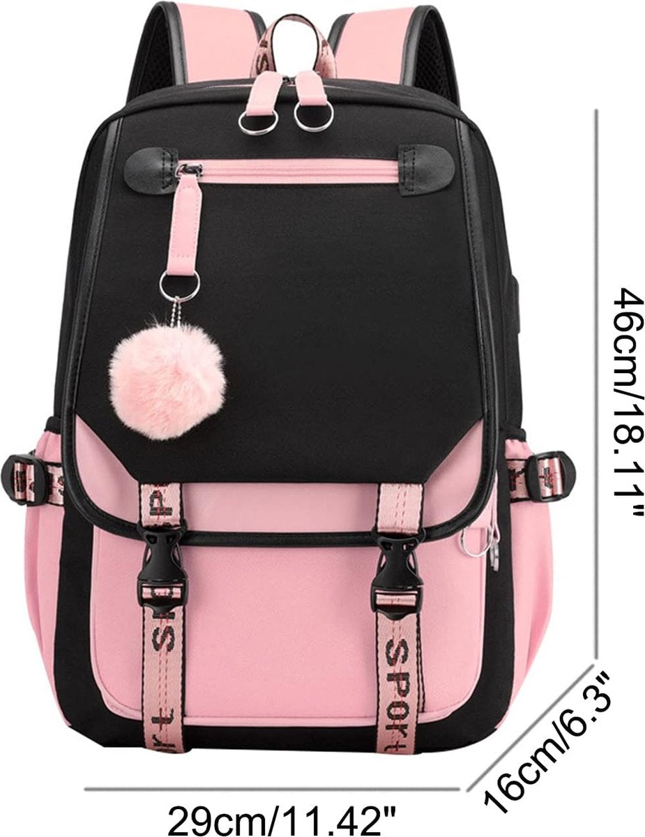 30L School Backpack with USB Charging Port – Laptop Bag with Plush Keychain