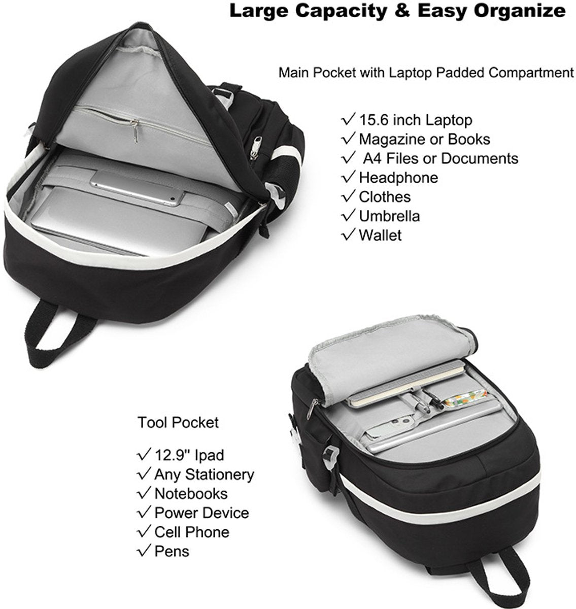 30L School Backpack – Multi-Compartment Laptop Bag (Black)