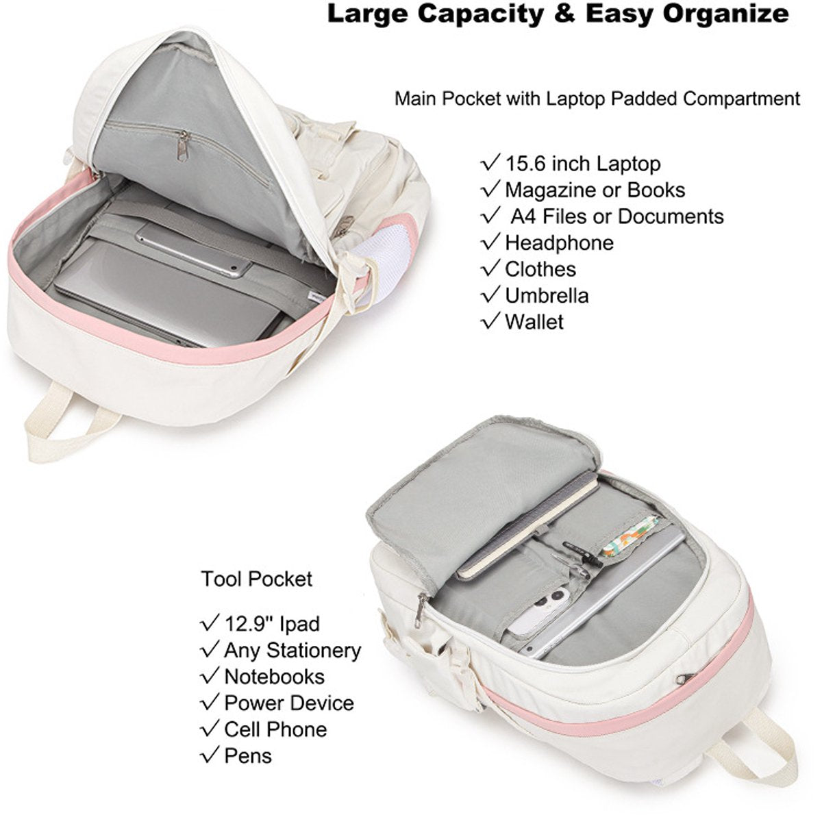 30L School Backpack – Multi-Compartment Laptop Bag (White)
