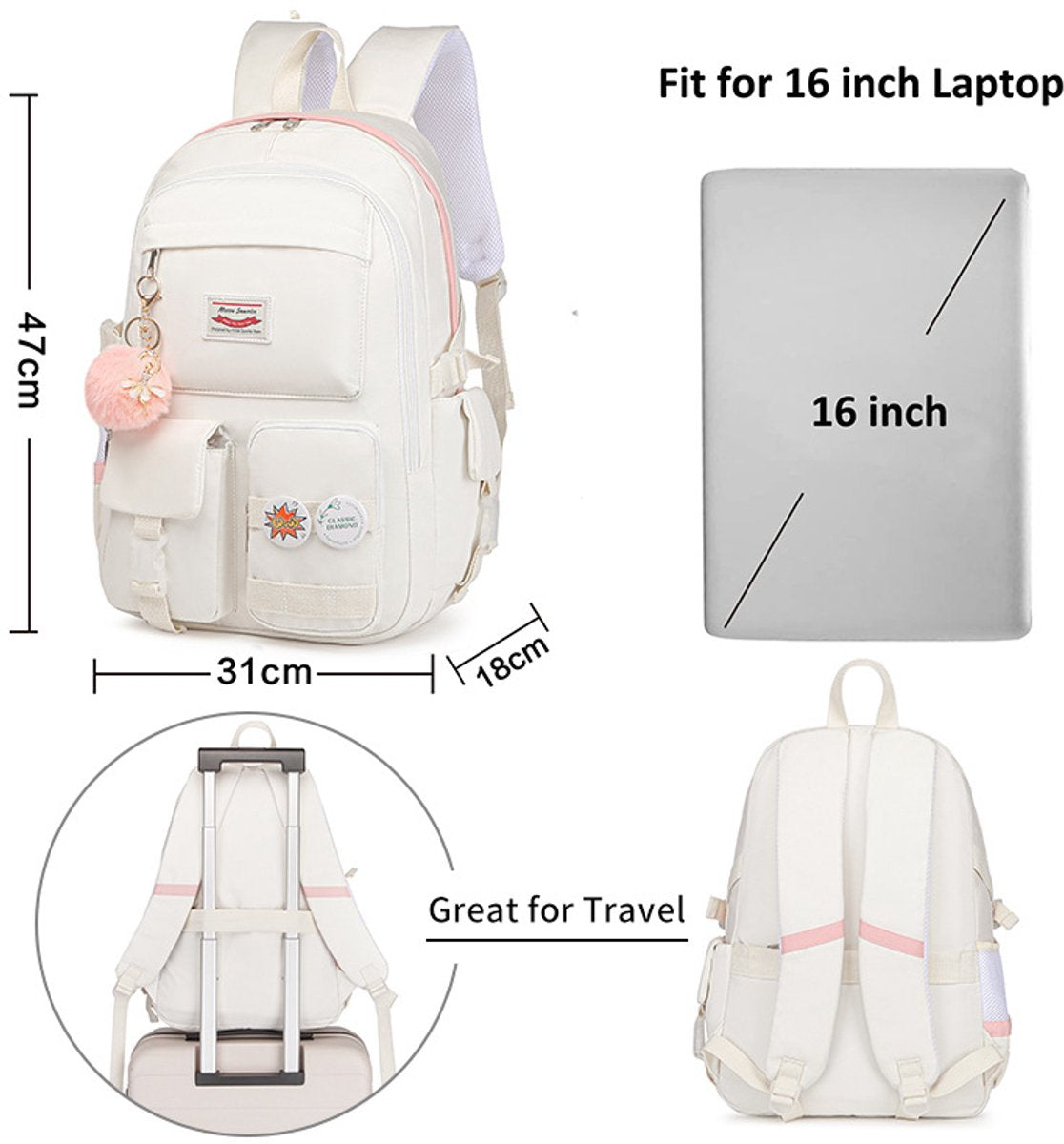 30L School Backpack – Multi-Compartment Laptop Bag (White)