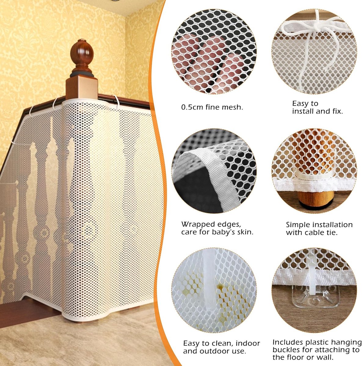 Safety Net - Baby and Animal S3afety Gate - 600 x 79 cm - Robust - Adjustable - Baby Safety - Retractable Safety Net - Balcony - Stairs - White - Safety Gate - made of mesh for cats and toys
