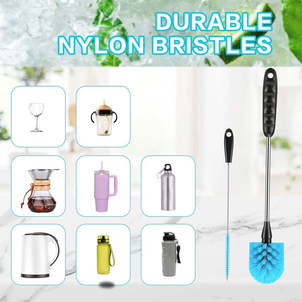 3-Piece Bottle Cleaning Brush Set – Long Handle, Straw & Crevice Brushes (Blue)