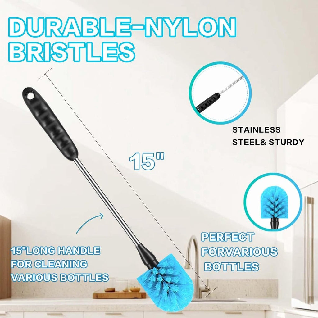 3-Piece Bottle Cleaning Brush Set – Long Handle, Straw & Crevice Brushes (Blue)