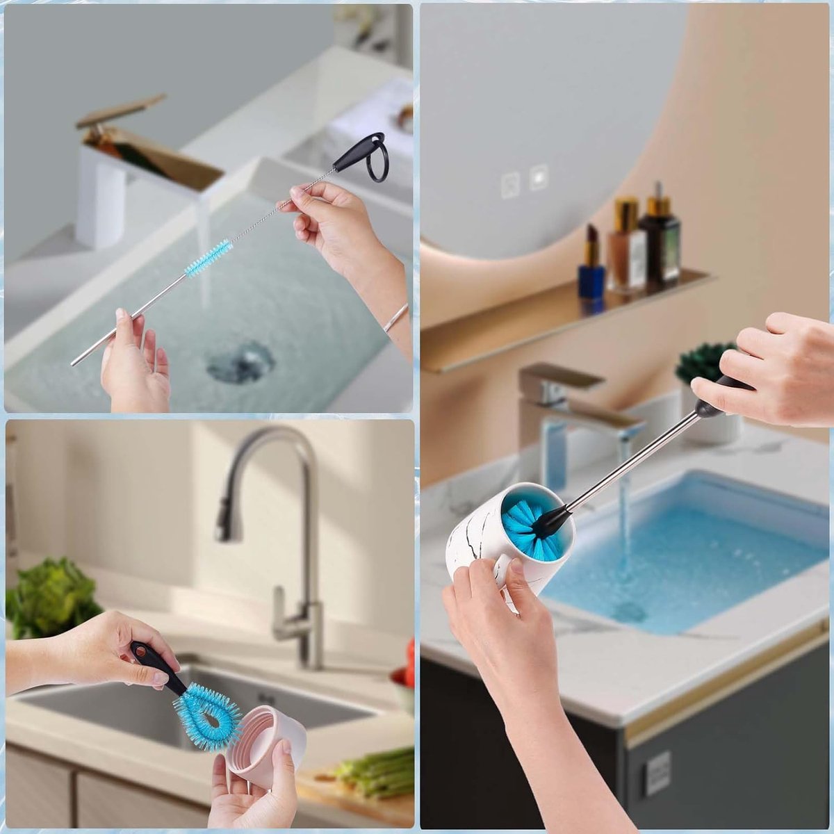 3-Piece Bottle Cleaning Brush Set – Long Handle, Straw & Crevice Brushes (Blue)