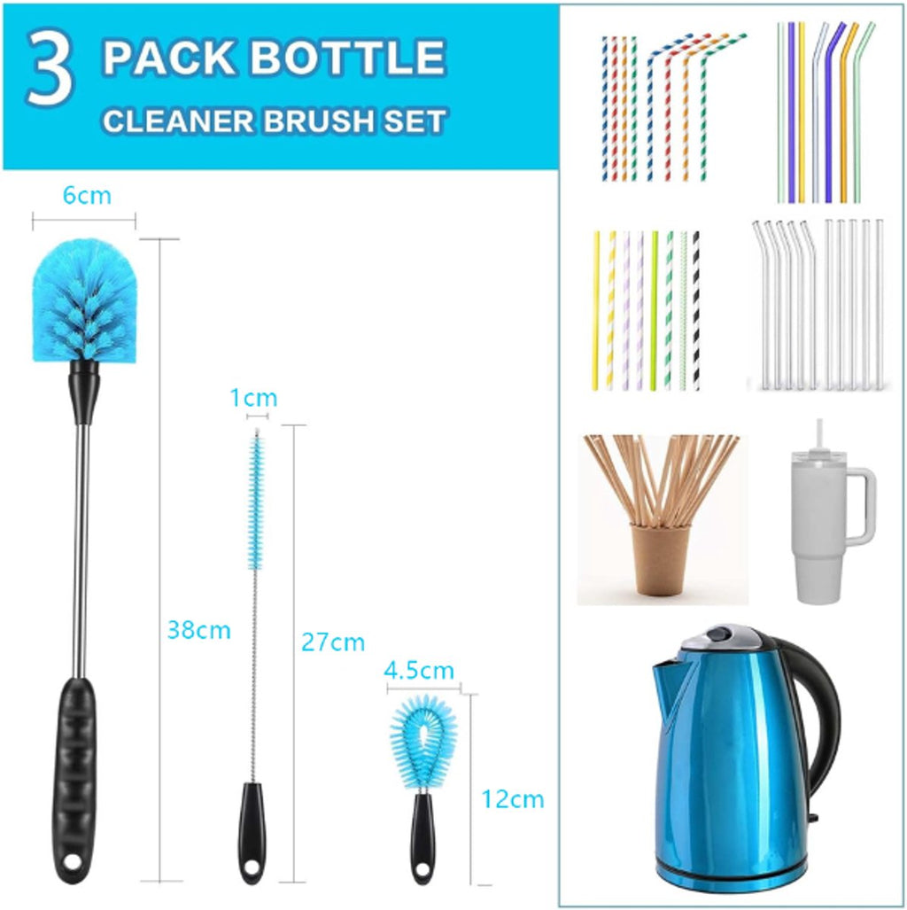 3-Piece Bottle Cleaning Brush Set – Long Handle, Straw & Crevice Brushes (Blue)
