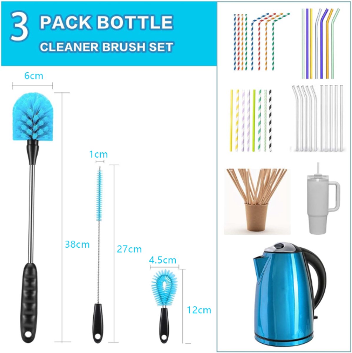 3-Piece Bottle Cleaning Brush Set – Long Handle, Straw & Crevice Brushes (Blue)