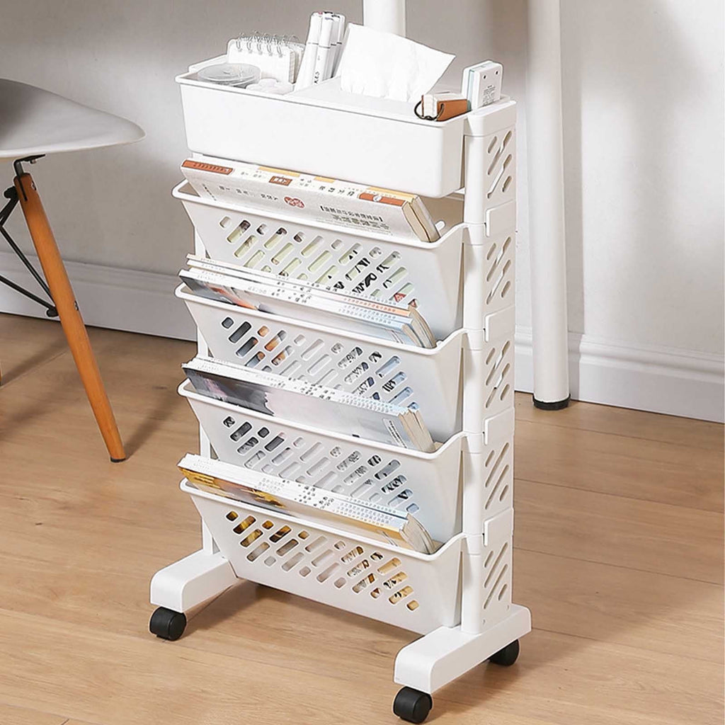 Mobile Bookshelf, Plastic Rolling Organization Shelf, Practical Rotatable for Home, Movable Bookcase with Wheels, Floor Shelf, Book Stand Trolley, Plastic Mobile Bookshelf Organizer