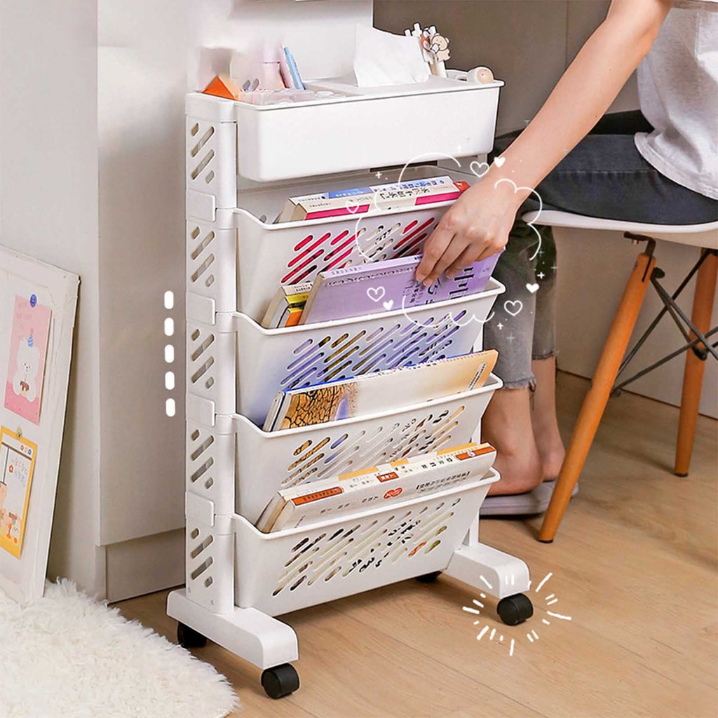 Mobile Bookshelf, Plastic Rolling Organization Shelf, Practical Rotatable for Home, Movable Bookcase with Wheels, Floor Shelf, Book Stand Trolley, Plastic Mobile Bookshelf Organizer