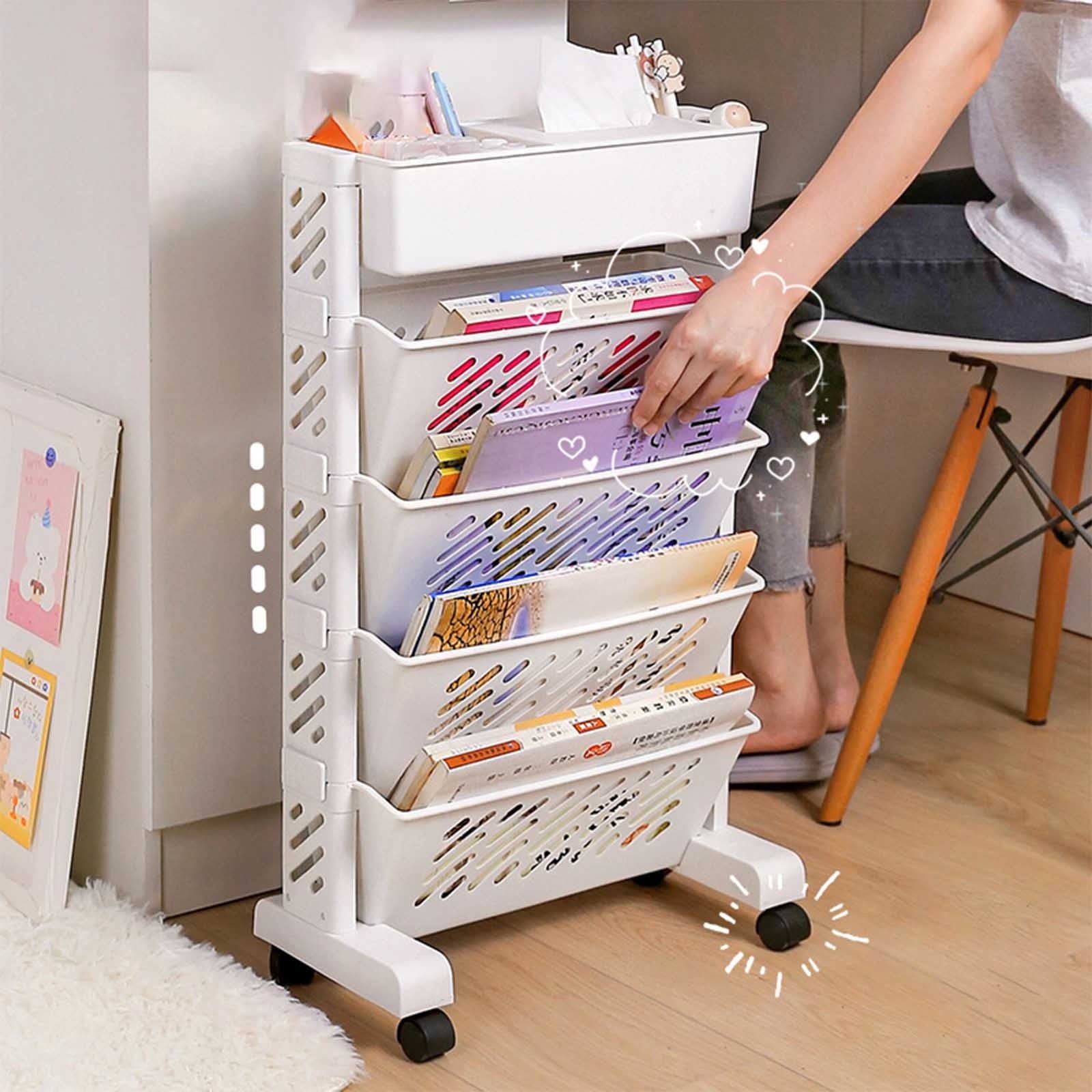Mobile Bookshelf, Plastic Rolling Organization Shelf, Practical Rotatable for Home, Movable Bookcase with Wheels, Floor Shelf, Book Stand Trolley, Plastic Mobile Bookshelf Organizer