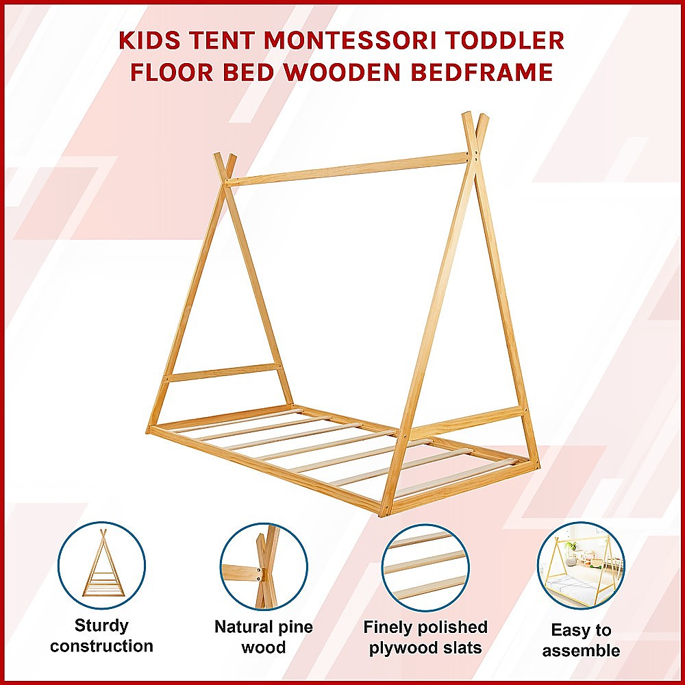 NNEDSZ Kids Tent Montessori Toddler Floor Bed Wooden Bedframe-2