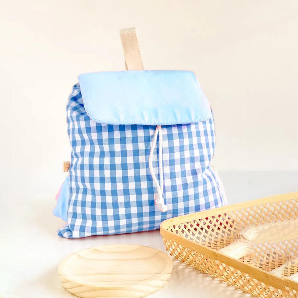 Blue Gingham Checkered Canvas Backpack – Trendy Aesthetic School & Travel Bag