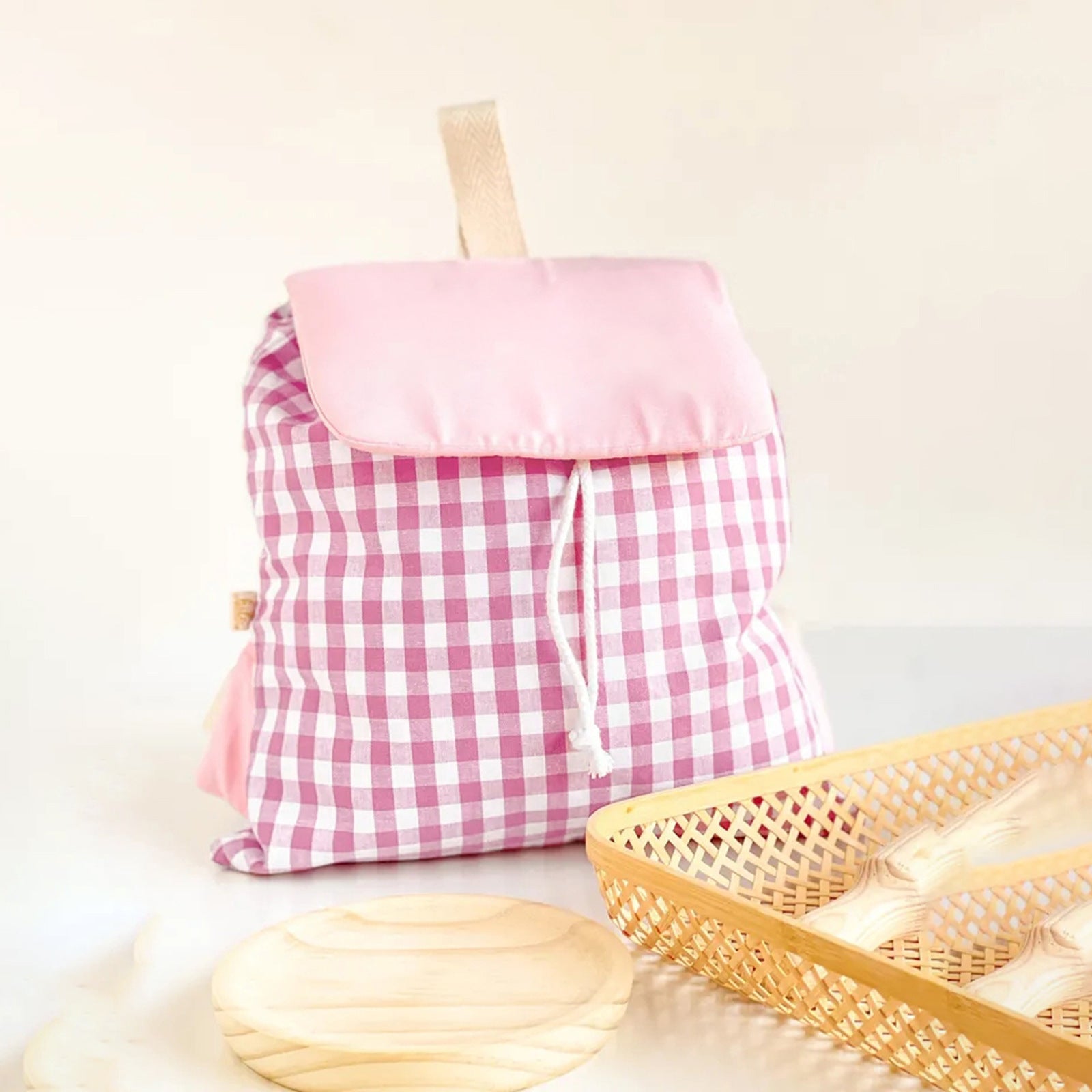 Pink Gingham Checkered Canvas Backpack – Trendy Aesthetic School & Travel Bag