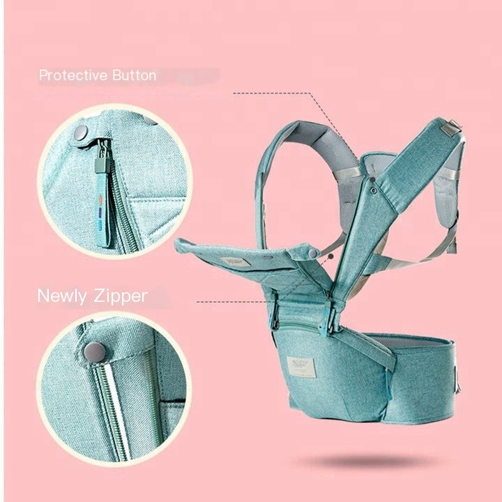 Baby Carrier with Bass Bear Hip Seat – Front Carry, Adjustable & Comfortable