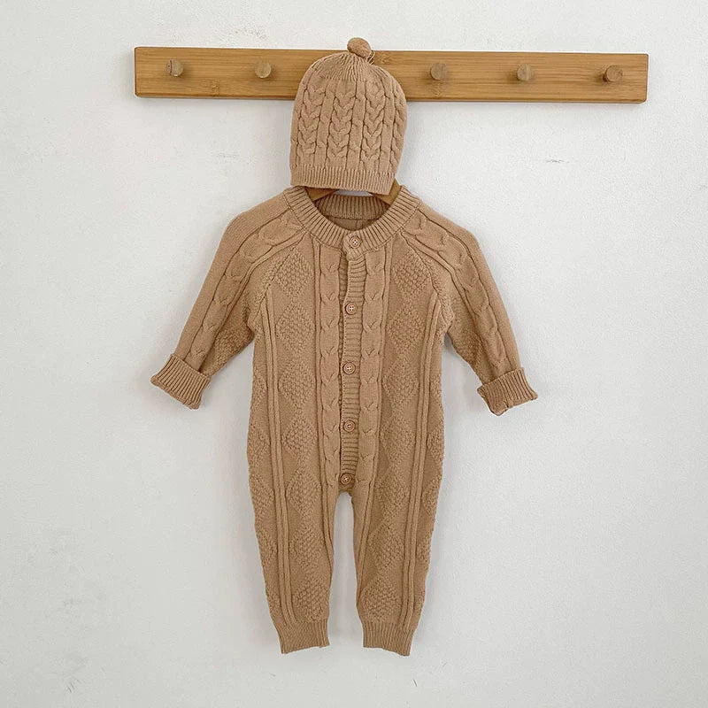 Autumn Arrival Unisex Baby’s Solid Color Geometric Jacquard Pattern Knitted Rompers-3