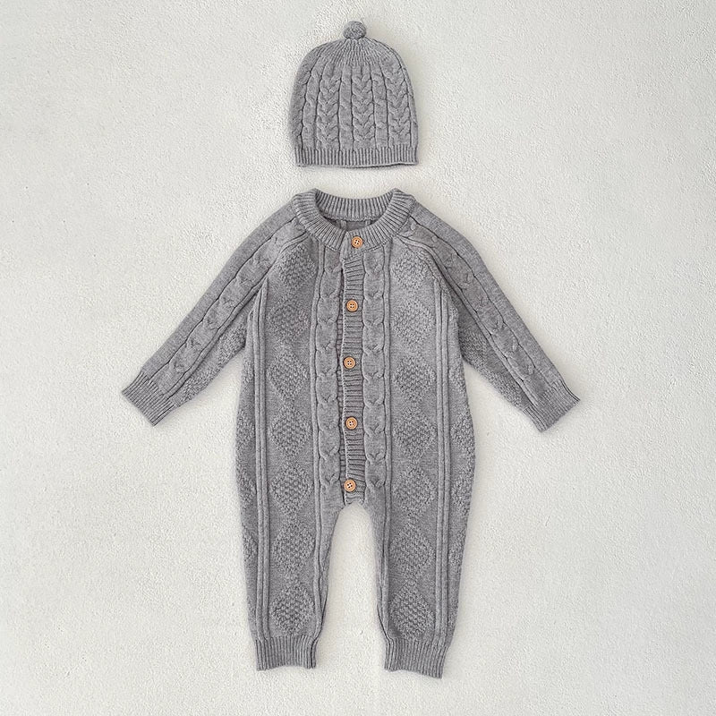 Autumn Arrival Unisex Baby’s Solid Color Geometric Jacquard Pattern Knitted Rompers-2