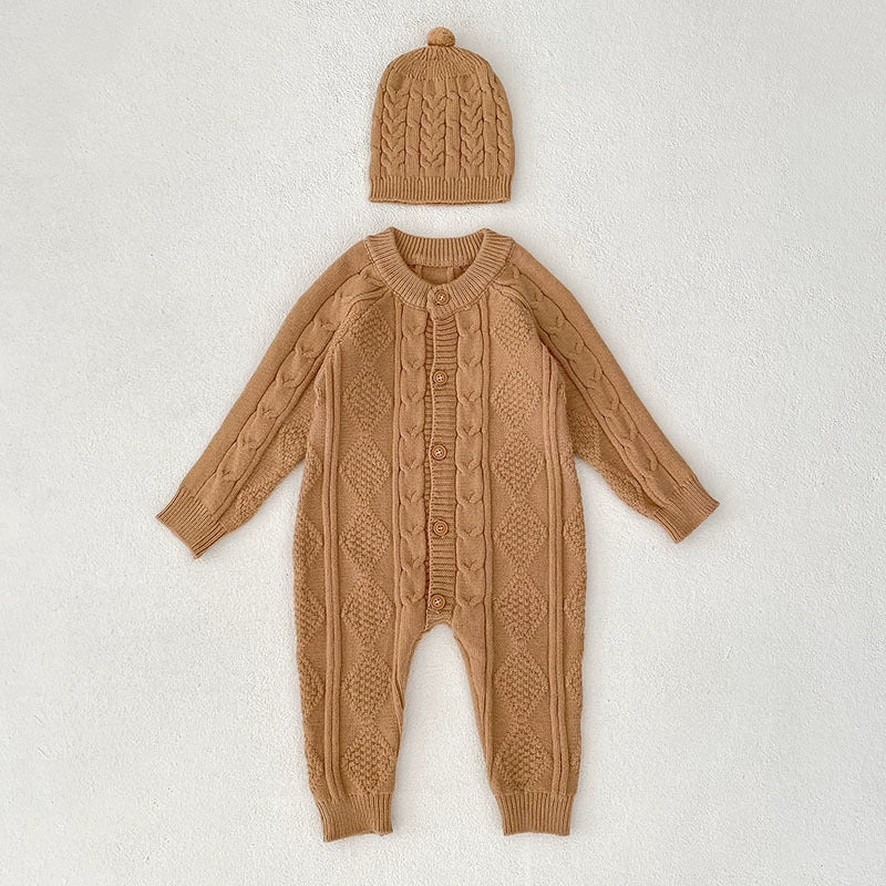 Autumn Arrival Unisex Baby’s Solid Color Geometric Jacquard Pattern Knitted Rompers-1